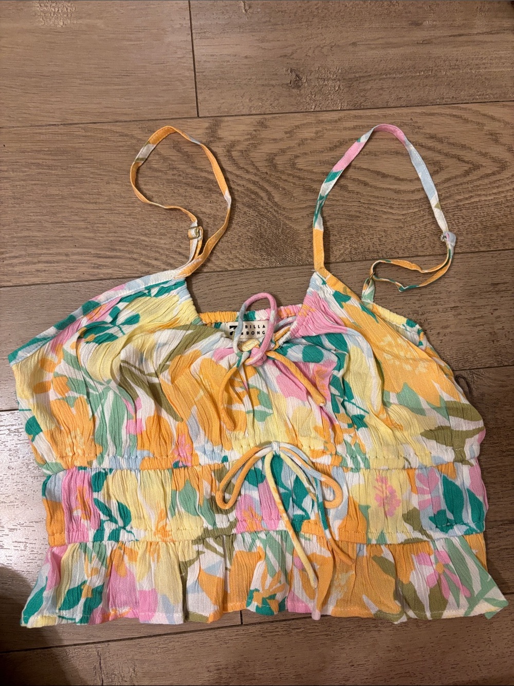 2/$20 Billabong Floral Yellow Pink Green Cropped Tank Top Large